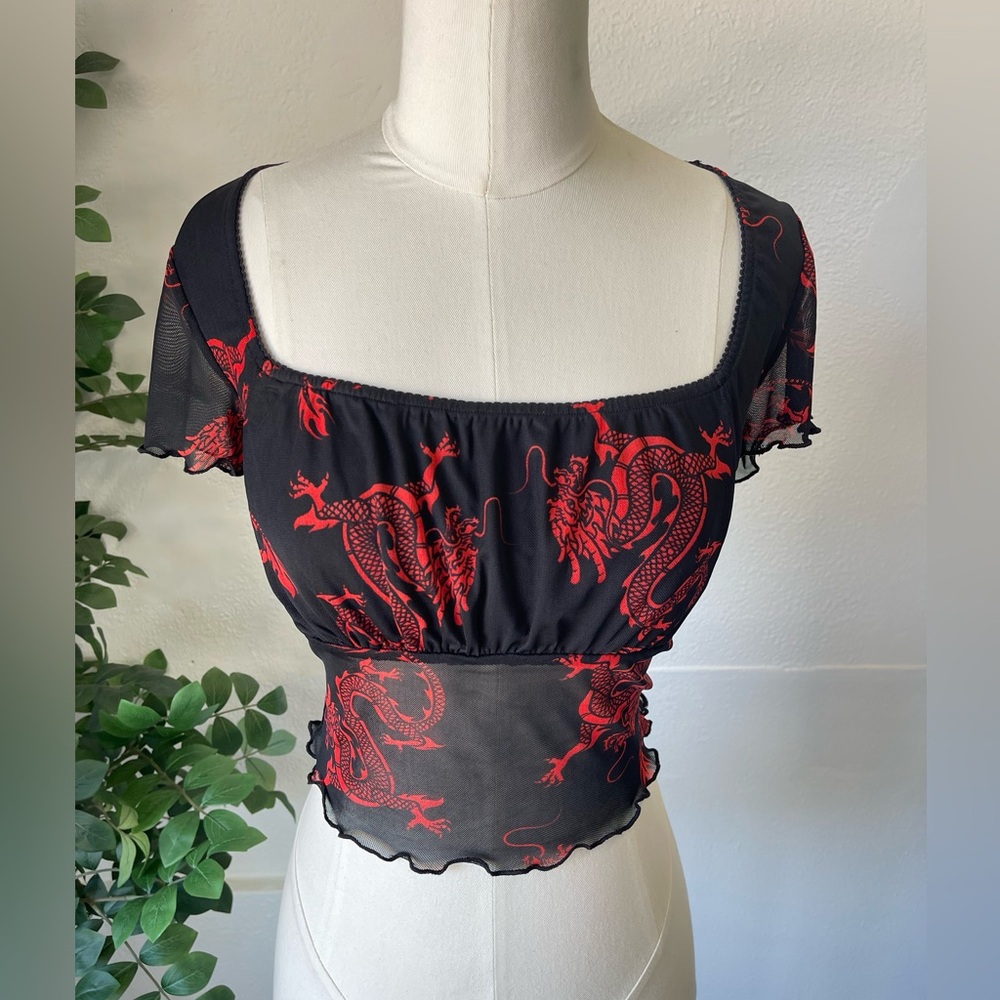 Black and Red Dragon Mesh Top